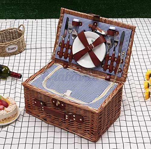 Wicker Picnic Basket for 2 with Waterproof Picnic Blanket and Cutlery, Picnic Set with Sand-Proof Beach Mat, Willow Gift Hamper for Outdoor Lake Beach Camping and Party
