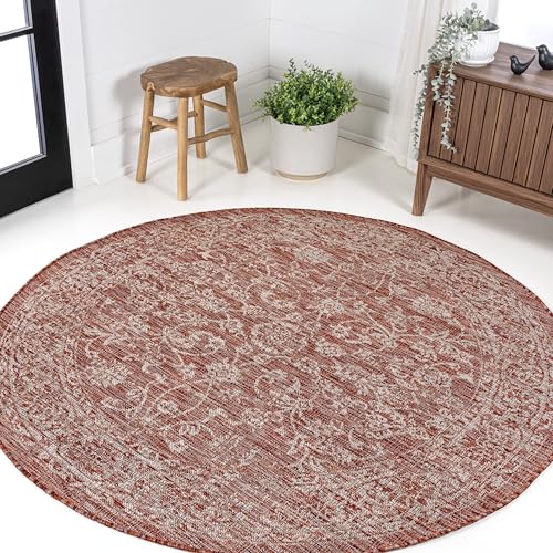 JONATHAN Y Weave Floral Indoor Outdoor Round Area Rug 3 Ft Red/Taupe, Tela Bohemian Textured for Backyard, Patio, Porch, Easy-Cleaning, High Traffic, Pet-Friendly, Non-Shedding (SMB100A-3R) - color: Red/Taupe, size: 3'1" (Round)