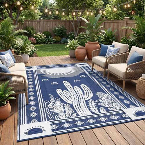 Garvee Reversible Cactus Outdoor Rug 8x10 for Patio, Waterproof Outdoor Area Rug, Modern Desert Botanical Indoor Outdoor Rugs, Plastic Straw Rug for RV, Camping, Deck, Navy Blue & Beige - color: Navy & White-cactus, size: 8' x 10' (Rectangular)