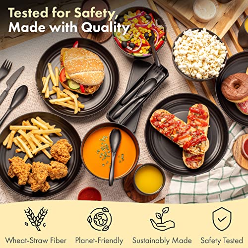 FOODLE Wheat Straw Dinnerware Set - BPA Free - Unbreakable, Microwave & Dishwasher Safe- Alternative to Plastic Dishes - Perfect for Outdoor, RV, Dorm - Camping Plates Cups and Bowls Set - For 6 - color: Black