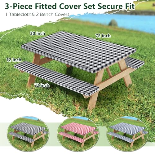 Picnic Table Cover with Bench Covers and Bag, Camping Table Camping Essentials Cover with Elastic Edges(Black) - color: Black