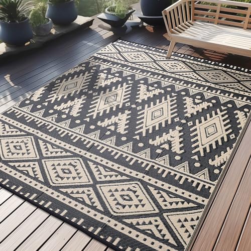 OLANLY Outdoor Rug Waterproof 6x9 ft, Reversible Outdoor Plastic Straw Rug, Boho Patio Rug, Indoor Outdoor Carpet, RV Mat Outside for Patio, Camp, Picnic, Balcony, Deck, Backyard, Black & Beige - color: Black & Beige, size: 6' X 9' (Rectangular)