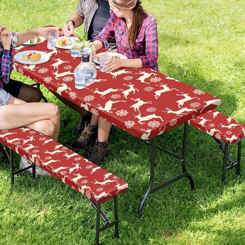 Xmas Picnic Table Cover with Bench Covers 3 PCS Christmas Reindeer Snowflake Fitted Picnic Table Cover for Outdoor Camping Accessories - color: Christmas Reindeer Snowflake, size: Small