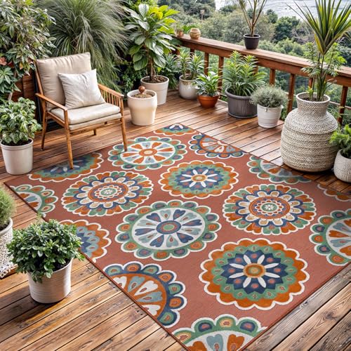 Outdoor Rug 9x12 Washable Area Rugs Indoor Outdoor Carpets Orange Bohemian Medallion Non Shedding Waterproof Easy Clean Patio Deck Porch Living Room Bedroom Garden RV (9 X 12 Orange) - color: 2-orange, size: 9' x 12' (Rectangular)