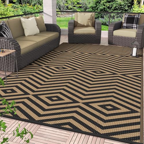 GENIMO Outdoor Rug for Patio Clearance, 6'x9' Reversible Plastic Straw Rugs, Lightweight Waterproof Modern RV Camping Mat for Camper, Balcony, Deck, Backyard, Picnic, Black Brown - color: Black&brown-x, size: 6' x 9' (Rectangular)