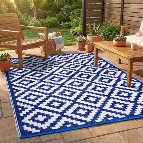 FH Home Outdoor Rug - Waterproof, Fade Resistant, Reversible - Premium Recycled Plastic - Geometric - Patio, Deck, Porch, Balcony, Laundry Room - Aztec - Blue & White Crease Free - 4 x 6 ft - color: Aztec - Blue & White, size: 4' x 6' (Rectangular)