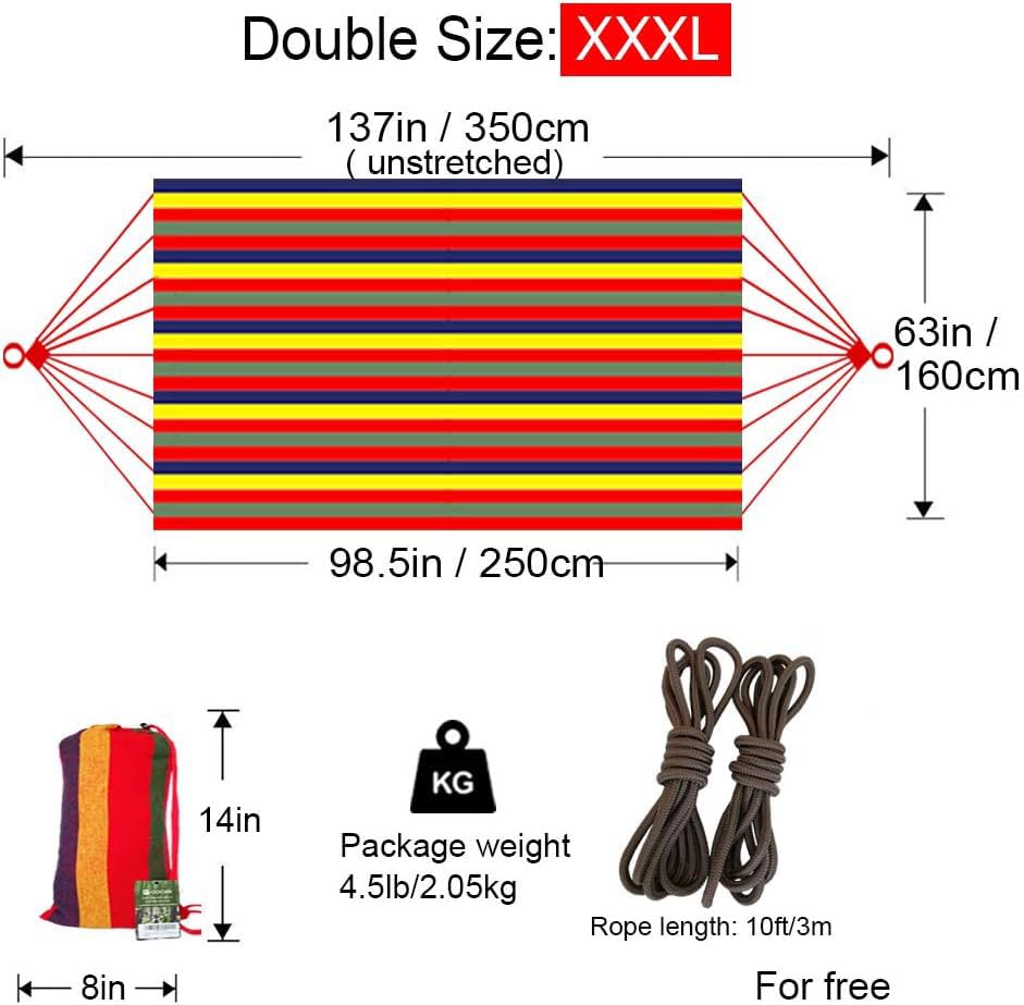GOCAN Brazilian Double Hammock 2 Person Extra Large Canvas 250x160cm Total Length 350cm Load 500lb Cotton Hammock for Garden Outdoor and Indoor Rainbow(98 * 65'') - color: Rainbow Stripe, size: XXX-Large