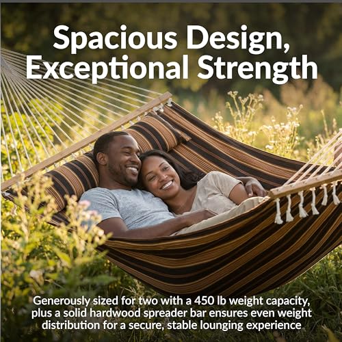 Sunnydaze Quilted Double Hammock for Outside with Spreader Bars and Pillow - 450 lb Capacity, 74x55 Inch Bed, UV Resistant, Quick Dry - Chains Included, Stand Sold Separately - Woodland Stripe - color: Woodland Stripe