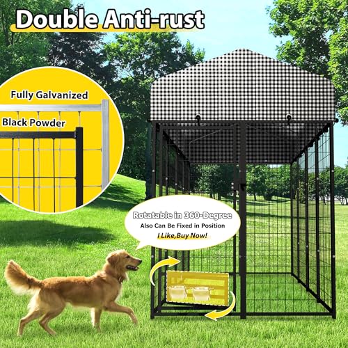 Large Outside Dog Kennel, Outdoor Dog Run Enclosure 8'x4'x6'（Including the roof） Dog Pen House with Roof Cover Heavy Duty Welded Wire Steel Dog Playpen Animal Fence with Feeding Door