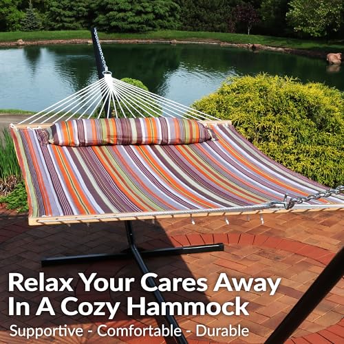 Sunnydaze Quilted Double Hammock for Outside with Spreader Bars and Pillow - 450 lb Capacity, 74x55 Inch Bed, UV Resistant, Quick Dry - Chains Included, Stand Sold Separately - Canyon Sunset - color: Canyon Sunset