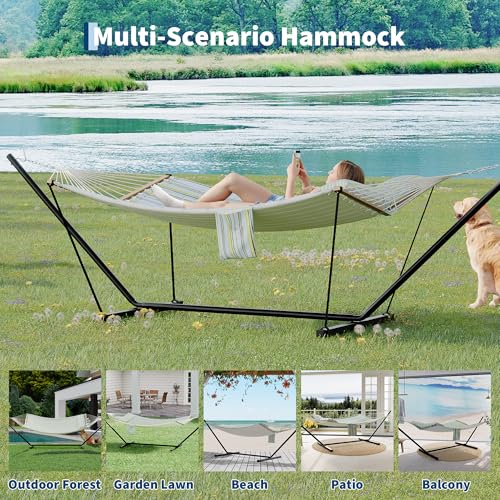 2 Person Double Hammock with Adjustable Steel Stand & Pillow, Heavy Duty Portable Outdoor Hammock Set, MAX 450 LBS Weight Capacity for Patio, Garden, Beach, Backyard - color: V-light Blue-green Striped