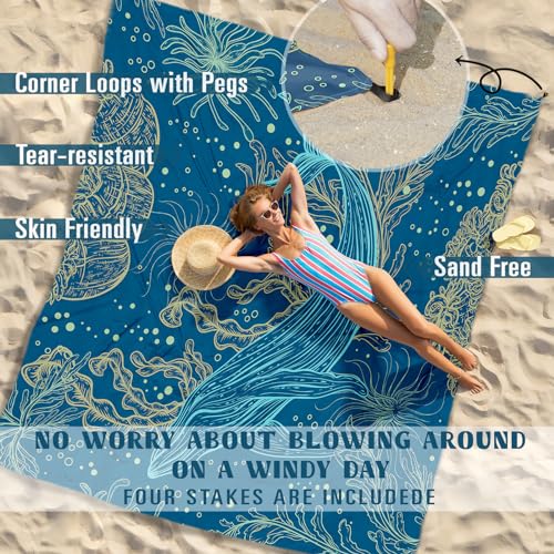 Famstar Beach Blanket Sandproof Waterproof 78''×81''1-5Adults Oversized,Compact Lightweight Durable Beach Mat for Travel Camping Hiking Picnic Blanket - color: Whale Line, size: 78''×81''