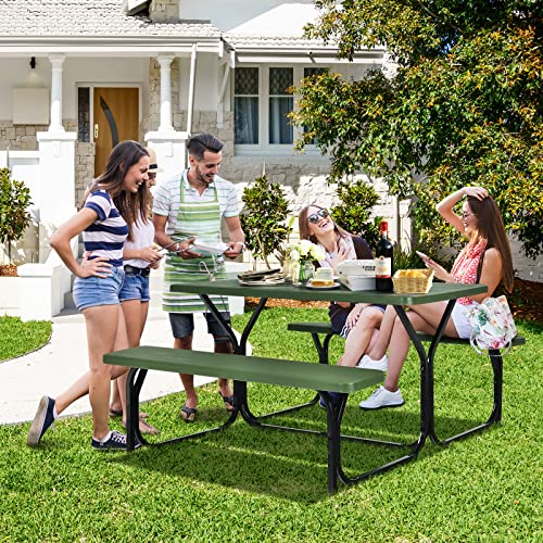 Moccha Picnic Table Bench Set - Portable Plastic Picnic Table w/Steel Frame & Wood-Like Texture, All Weather Heavy Duty Picnic Table Kit, Picnic Tables for Outdoors Garden Patio Party Dining (Green) - color: Green