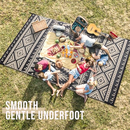 OLANLY Outdoor Rug Waterproof 8x10 ft, Reversible Outdoor Plastic Straw Rug, Boho Patio Rug, Indoor Outdoor Carpet, RV Mat Outside for Patio, Camp, Picnic, Balcony, Deck, Backyard, Black & Beige - color: Black & Beige, size: 8' X 10' (Rectangular)