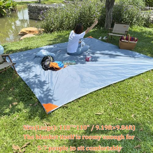 Beach Blanket Waterproof Sandproof Beach Mat 110" X 118" / 9' X 10' for 1-8 Adults Quick Drying Outdoor Picnic Mat Beach Accessories for Travel, Camping, Hiking - color: Gray/Blue, size: 118"*110" / 9.19ft×9.84ft