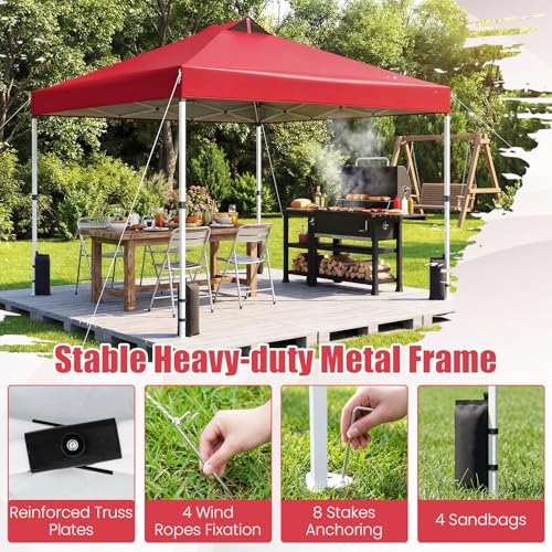 Tangkula 10 x10 Ft Pop Up Canopy with Center Lock, UPF 50+ One-Button Setup Outdoor Canopy Tent with Roller Bag, 4 Sand Bags, Heavy-Duty Steel Frame, 8 Stakes, 4 Ropes for Camping, Picnic (Red) - color: Red
