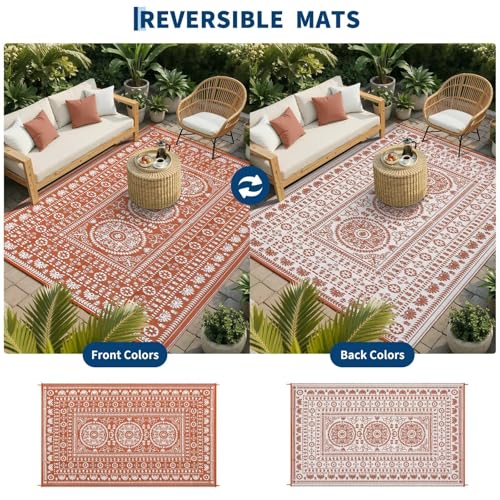 Garvee Reversible Outdoor Rug 5x8 for Patio, Waterproof Outdoor Area Rug, Boho Medallion Indoor Outdoor Carpet for Porch, Plastic Straw Rug for RV, Camping, Deck, Vintage Terracotta - color: Terracotta & White, size: 5' x 8' (Rectangular)