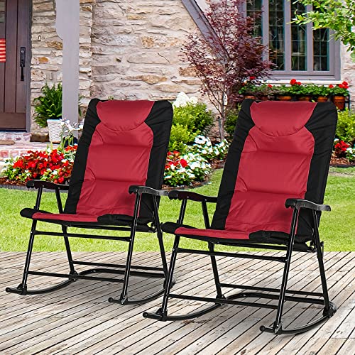 Outsunny Oversized Folding Rocking Camping Chair Set of 2, Padded Outdoor Rockers with High Back and Armrests, Portable Outdoor Patio Chairs with Steel Frame for Garden, Porch, Lawn, Red - color: Red