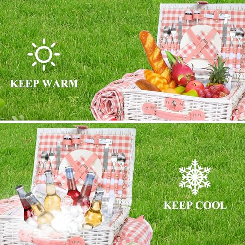 Picnic Basket for 2 with Blanket, Willow Picnic Basket Set with Shoulder Strap&Wine Pouch, Large Willow Hamper with Insulated Cooler for Outdoor, Camping, Beach, Couples, Wedding Gift - color: Pink and White Grid