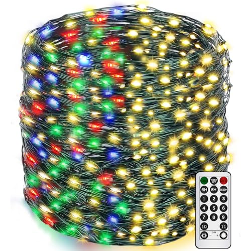 Decute 500LED Christmas Tree Lights Fairy String Light 164FT Green Copper Wire Warm White and Multicolor Dimmable with Remote, UL Cerficated Twinkle Light for Party Wedding Indoor Outdoor Decor - color: Warm White + Multicolor, size: 500LED