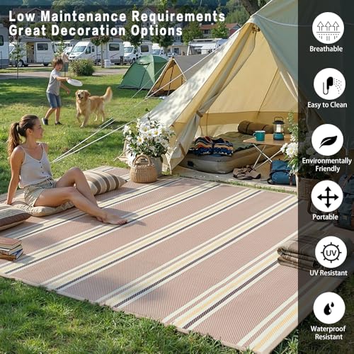 PureCozy Outdoor Waterproof 6x9 Rug for Patio Reversible Plastic Straw Beige Striped Camping Mat Outside Lightweight Large Floor Mat for RV Deck Beach Balcony Picnic Backyard Entry Porch - color: Stripe | Beige Cream, size: 6' x 9' (Rectangular)