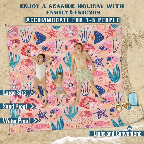 Famstar Beach Blanket Sandproof Waterproof 78''×81''1-5Adults Oversized,Compact Lightweight Durable Beach Mat for Travel Camping Hiking Picnic Blanket - color: Pink Ocean, size: 78''×81''