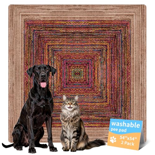 Washable Dog Pee Pads, Vintage Carpet Style, Non-Slip, Leak-Proof, Ultra-Absorbent, Reusable Puppy Training Pads & Mat for Pet Crates, Floors, Whelping & Housebreaking, 2 Pack 54"x54" - color: Sisal Bohemian Print, size: 54" ×54"(pack of 2)