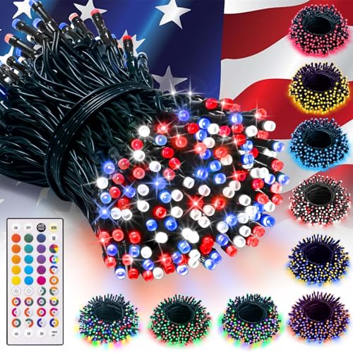 LitHome 33Ft 100 LED Color Changing Christmas String Lights, 35 Colors 9 Modes Red White and Blue Lights Outdoor with Remote, 4th of July String Light Plug in Green Wire for Independence Day Xmas Tree - color: Green Wire, size: 100LED / 33FT
