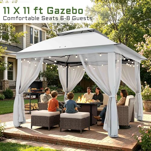 11'X11' Gazebo Pop Up with 4 Sidewalls Mosquito Netting, Heavy Duty Patio Gazebo Canopy Tent with Double Air Roofs for Backyards, Patios, Decks, Gardens, Parks - color: White Top