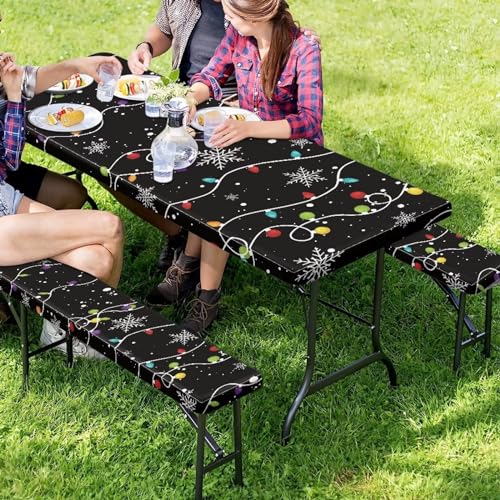 Elastic Fitted Table Cloth for Camping Party Supplies Christmas Pattern Picnic Table Cover with Bench Covers 3 PCS for Outdoor BBQ Camping - color: Christmas Pattern, size: Small