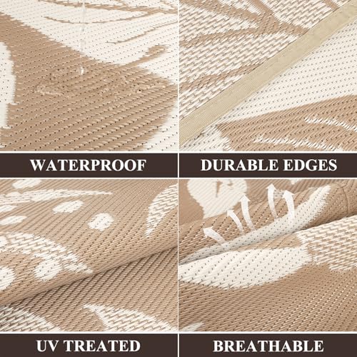 Pauwer Waterproof Outdoor Rug 6x9, Reversible Plastic Straw Patio Camping Rug, Indoor Outdoor RV Mat Carpet for Deck, Camper, Porch, Balcony, Backyard, Picnic, Floral Brown - color: Floral Brown, size: 6' x 9' (Rectangular)