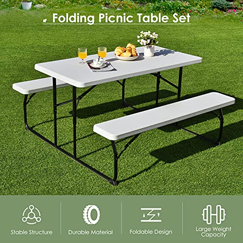 Giantex Folding Picnic Table Bench Set, Outdoor Dining Table Set, Large Camping Table for Patio Deck Lawn Garden Backyard Poolside, Portable Picnic Tables, Weather Resistant Metal Frame, White - color: White