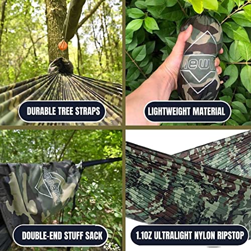 Onewind Camping Hammock, Ultralight Portable Hammock with Adjustable Ridgeline, Outdoor Hammock 20D Ripstop Nylon with 2 * 12Ft Tree Strap, Ideal for Camping, Hiking, Backpacking - color: Camo-single Layer, size: 11' * 55"