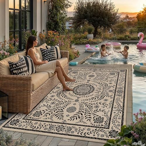 HUGEAR 5x8 Vintage Jute Indoor Outdoor Rug Washable Linen Textured Weave High Traffic Stain Resistant Non Slip Durable Carpet for Livingroom Patio Deck Balcony Courtyard (Floral Black, 5' x 8') - color: Floral / Black, size: 5'x8' (Rectangular)