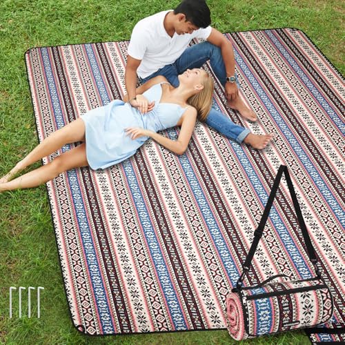 Picnic Blankets Extra Large Outdoor - Beach Blanket Waterproof Sandproof with Shoulder Strap, Machine Washable, Picnic Mat with Stakes for Grass Concert, Park.BohoPattern - color: Red