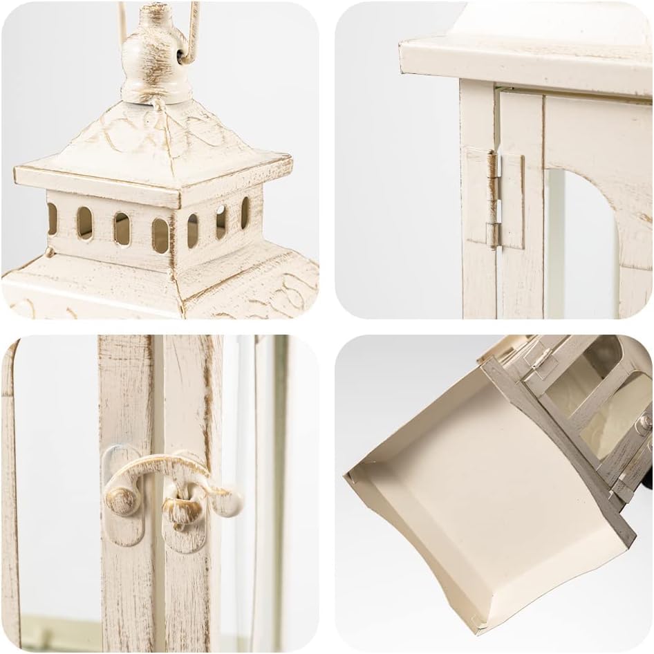Lanterns Decorative Indoor & Outdoor, Medium Hanging Home Decor, Vintage Metal Decorative Candle Lanterns for Outdoor Patio Wedding Party Beige with Copper Brush - color: Beige |||