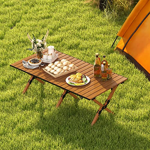 COSTWAY Folding Picnic Table, Roll-Up Aluminum Camping Table with Wood Grain, Portable Low Height Beach Table with Carry Bag for Camping, Picnic, BBQ & Hiking, Easy Assembly, Natural (47” x 23” x 18”)