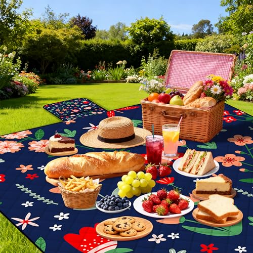 Extra Large Picnic Blanket Waterproof,80"x 80"Foldable Machine Washable Beach Blanket,Outdoor Blanket for 6-8 Adults,Suitable for Indoor Crawling,Park Beach,Camping,Hiking,Family Travel(Light Blue) - color: Blue Flower, size: 6'8" x 6'8" (Square)