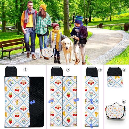 Extra Large Picnic Blanket Waterproof,80"x 80"Foldable Machine Washable Beach Blanket,Outdoor Blanket for 6-8 Adults,Suitable for Indoor Crawling,Park Beach,Camping,Hiking,Family Travel(Fruit) - color: Blue Fruit, size: 6'8" x 6'8" (Square)