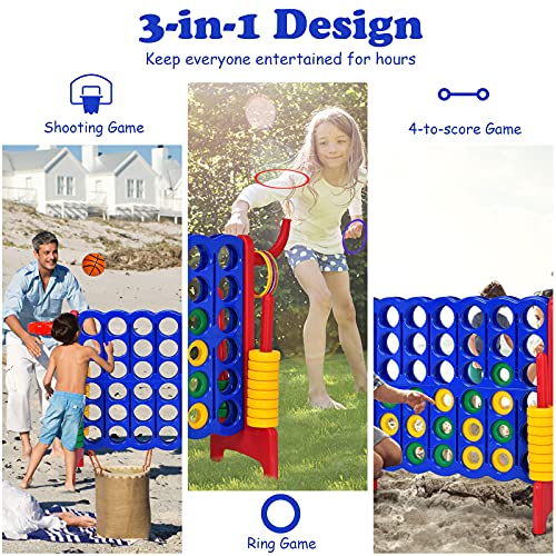 Costzon Giant 4-in-A-Row, Jumbo 4-to-Score Giant Game w/Basketball Hoop, Ring Toss, Quick-Release Slider, 42 Jumbo Rings, Indoor Outdoor Family Connect Game for Kids & Adults, Backyard Games, Red - color: Blue/Red
