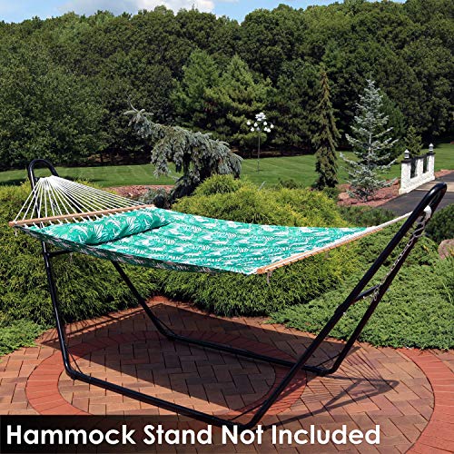 Sunnydaze Quilted Double Hammock for Outside with Spreader Bars and Pillow - 450 lb Capacity, 74x55 Inch Bed, UV Resistant, Quick Dry - Chains Included, Stand Sold Separately - Green Palm Leaves - color: Green Palm Leaves