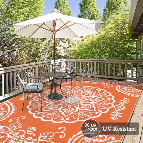 Pauwer Waterproof Outdoor Rug 6x9, Reversible Plastic Straw Patio Camping Rug, Indoor Outdoor RV Mat Carpet for Deck, Camper, Porch, Balcony, Backyard, Picnic, Boho Orange - color: Boho Orange, size: 6' x 9' (Rectangular)