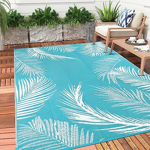 Pauwer Waterproof Outdoor Rug 6x9, Reversible Plastic Straw Patio Camping Rug, Indoor Outdoor RV Mat Carpet for Deck, Camper, Porch, Balcony, Backyard, Picnic, Leaf Teal - color: Leaf Teal, size: 6' x 9' (Rectangular)