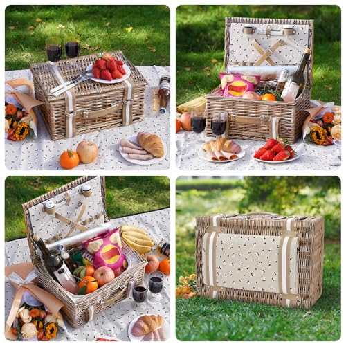 Willow Picnic Basket Set for 2 Persons with Large Insulated Cooler Bag and Waterproof Picnic Blanket, Wicker Picnic Hamper for Camping,Outdoor,Birthday - color: Beige Flower