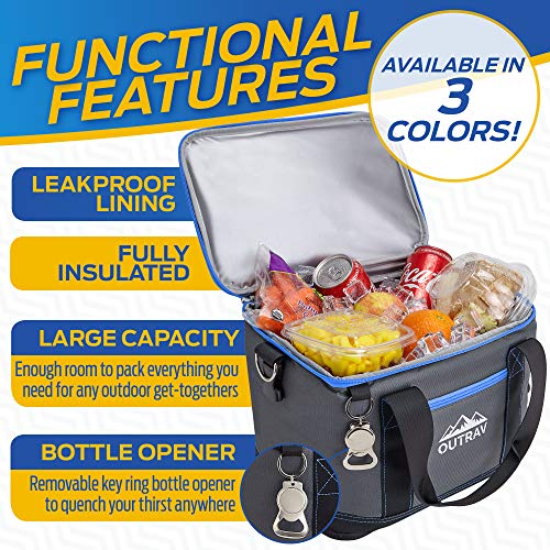 Collapsible Insulated Cooler Bag – 6L Thermal Lunch Bag with Bottle Opener, 16 Can Capacity – Perfect For Camping, Picnics and Travel - Handles and Removable Shoulder Strap - By Outrav - color: Grey with Blue Trim