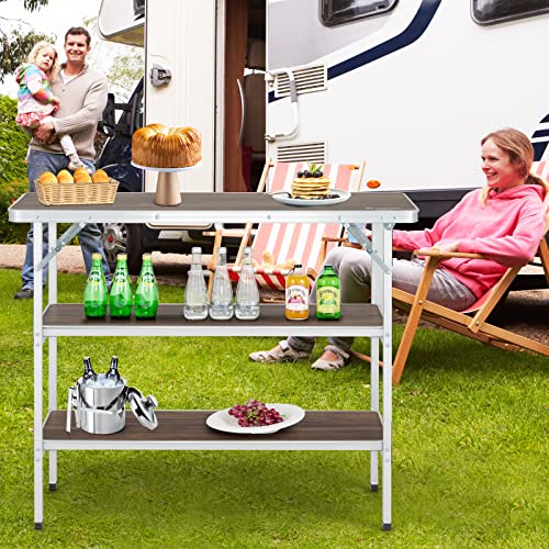 Goplus Folding Camping Table, Aluminum Portable Pop-Up Bar Table with 2-Tier Storage Shelves, Removable Cloth Cover, Foldable Camp Table for Picnic, Tailgate, Party, Travel, Outdoor - color: Grey