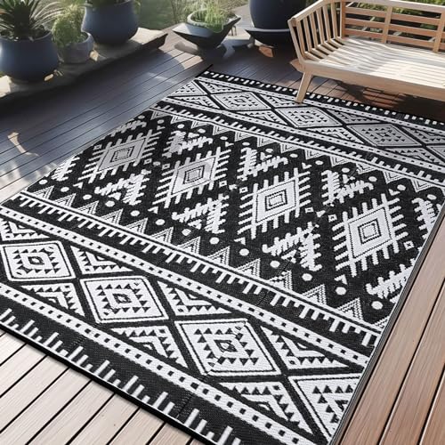 OLANLY Outdoor Rug Waterproof 6x9 ft, Reversible Outdoor Plastic Straw Rug, Boho Patio Rug, Indoor Outdoor Carpet, RV Mat Outside for Patio, Camp, Picnic, Balcony, Deck, Backyard, Black & White - color: Black & White, size: 6' X 9' (Rectangular)