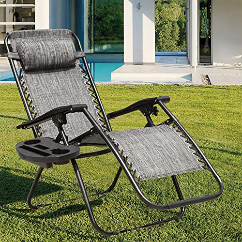 GUNJI Zero Gravity Chair Outdoor Lawn Folding Lounge Chairs Adjustable Reclining Patio Chairs Set of 2 with Cup Holder Lounge Gravity Chairs for Poolside, Backyard, Beach and Camping (Gray) - color: Grey