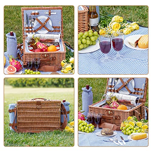Picnic Baskets for 2, Picnic Basket with Waterproof Blanket, Picnic Basket Set with Washable Beach Mat & Large Insulated Cooler Compartment, Handmade Natural Wicker Hamper for Camping, Outdoor Party - style: BlueCheck-2P