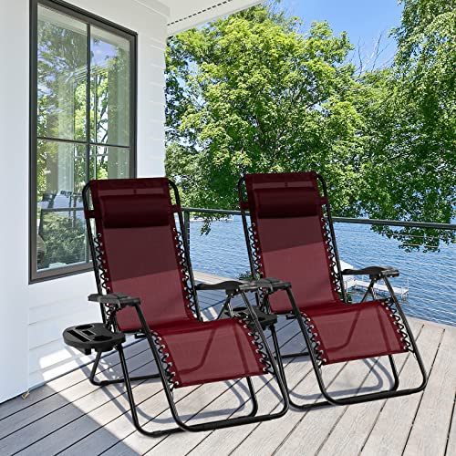 Giantex 2 PCS Zero Gravity Chair, Outdoor Chaise Lounge with Cup Holder, Patio Folding Chairs Recliner for Yard Pool Lawn Balcony, Burgundy - color: Burgundy, size: 1 Count (Pack of 2)
